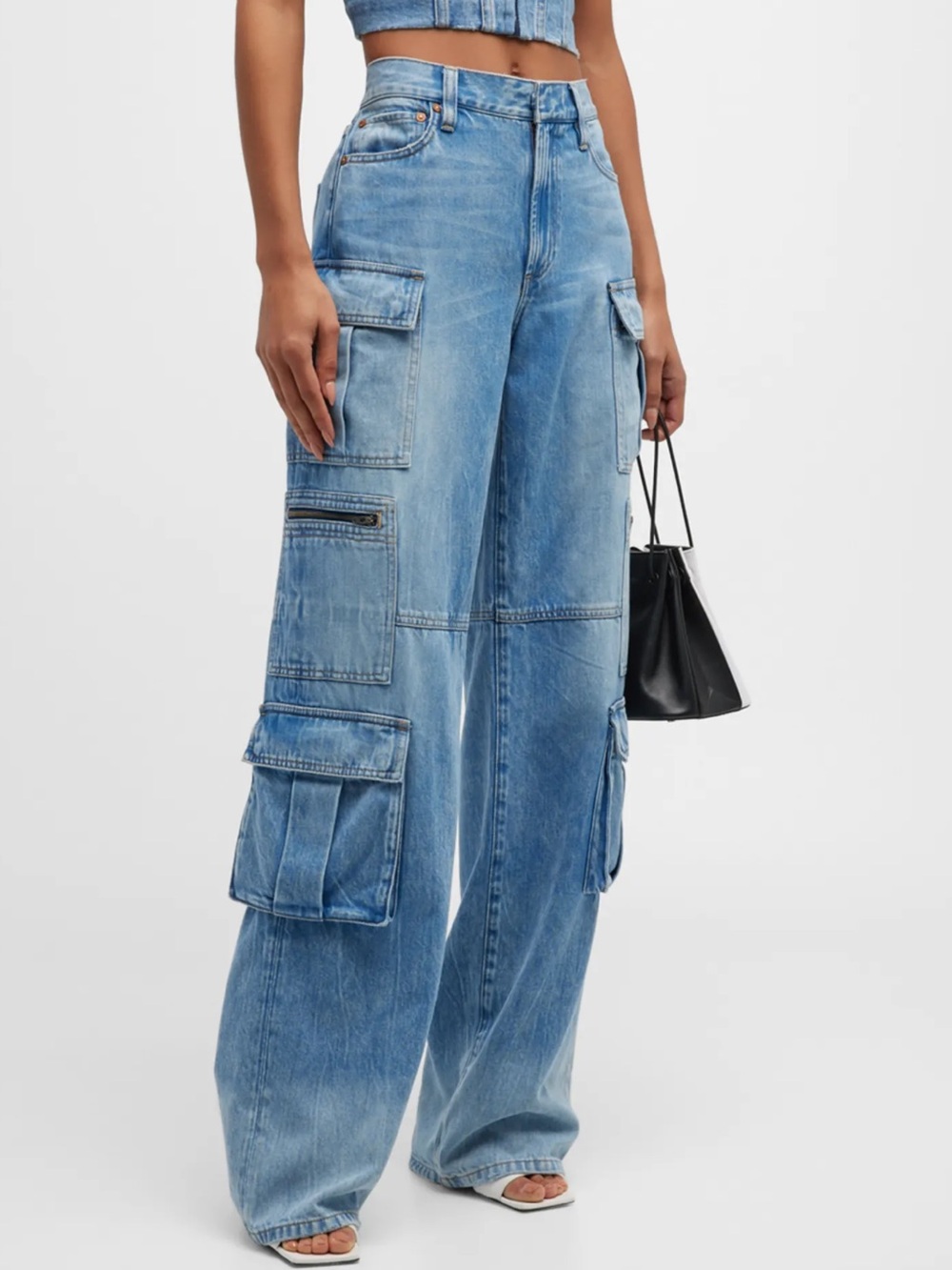 Alice + Olivia Cay Baggy Denim Cargo Pants in Brea Blue